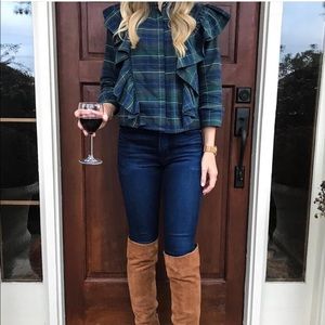 2 Ruffle button downs white and plaid